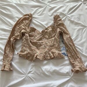 MAJORELLE Tan Long Sleeve Bustier Blouse